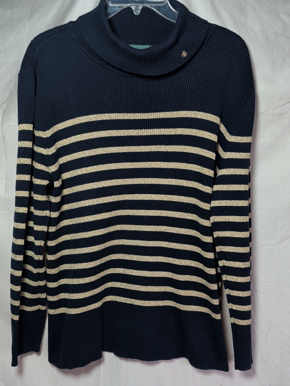 Lauren Ralph Lauren Navy and Cream Metallic Stripe Turtleneck Sweater